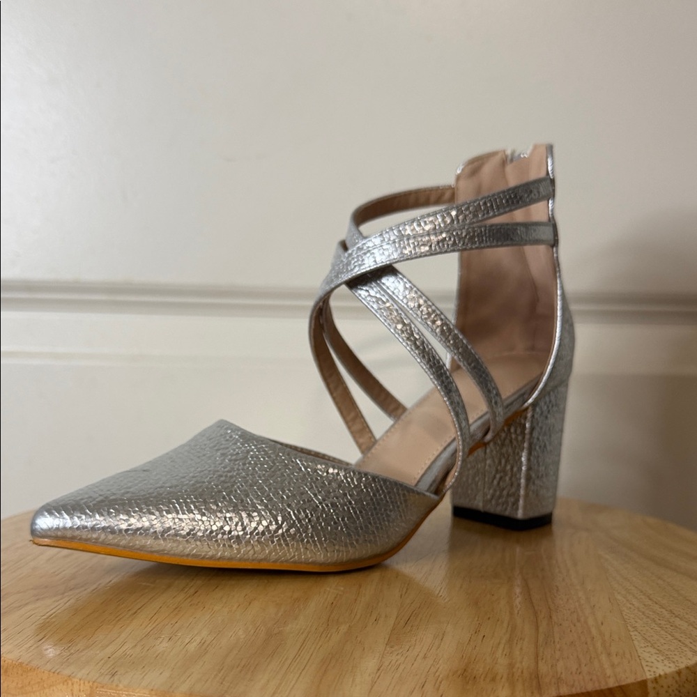 SHEIN Silver Crisscross Block Heels